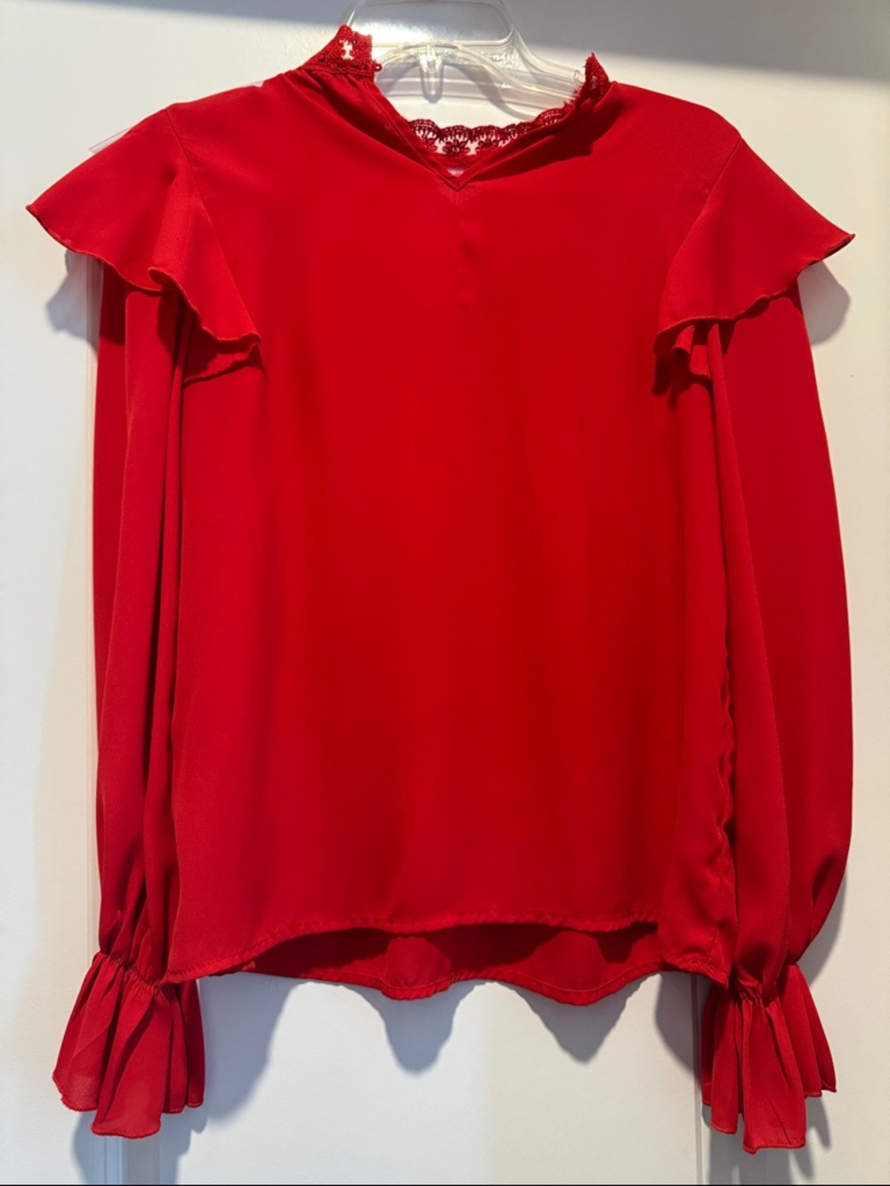 Red Front Lace Ruffle Long-Sleeve Women's Office Work Top - Picture 5 of 6